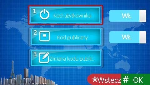 6.4 Ustawienia kodów Dostępne są 3 opcje: włączenie i wyłączenie kodu publicznego lub indywidualnego oraz zmiana tego ostatniego. Ustawienia kodów 6.