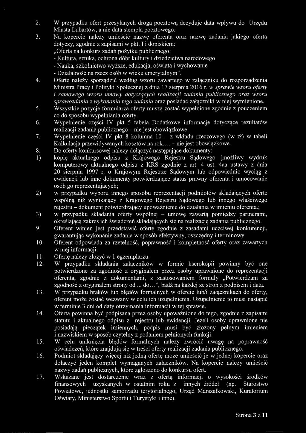 I i dopiskiem: "Oferta na konkurs zadań pożytku publicznego: - Kultura, sztuka, ochrona dóbr kultury i dziedzictwa narodowego - Nauka, szkolnictwo wyższe, edukacja, oświata i wychowanie - Działalność