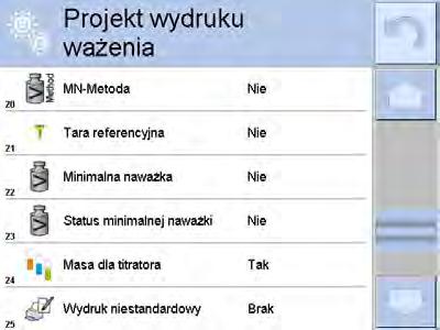 15.9. Współpraca z TITRATORAMI Aby zapewnić prawidłową współpracę z TITRATORAMI, należy ustawić w zawartości wydruku standardowego opcję <Masa dla titratora> na wartość <Tak>, równocześnie wyłączając