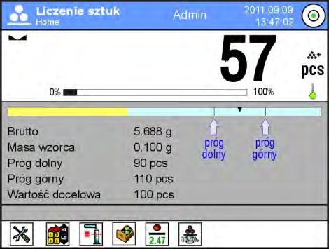 Ustawić dla Bargrafu opcję <TAK>, wrócić do funkcji liczenia detali. Nacisnąć szare pole INFO, a następnie pole <Przyciski>. Przypisać do jednego z przycisków ekranowych opcję <Progi Doważania>.