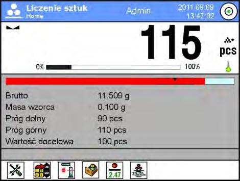 Dozowanie w funkcji liczenia detali Proces liczenia detali może być wspomagany funkcją dozowanie - kontroli, czy wskazanie wagi nie przekroczy wartości docelowej.