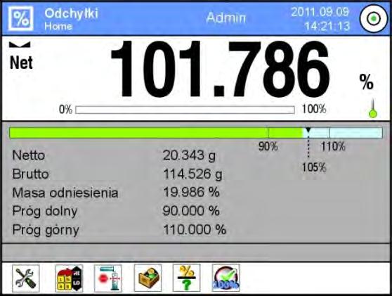 masa odniesienia = 19.986 g < >. 19.4. Ustawienia dodatkowe związane z odchyłkami Zasadę ustawiania pozostałych funkcji menu opisuje pkt. 15.7 Dodatkowe parametry związane z ważeniem. 20.