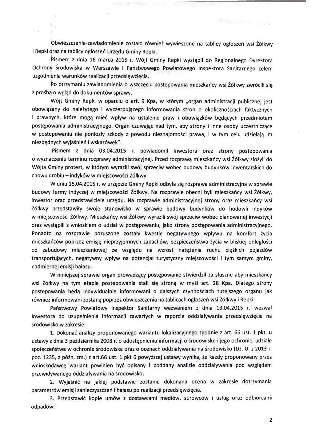 Obwieszczenie-zawiadomienie zostato r6wniei wywieszone na tablicy ogtoszen wsi i6tkwy i Repki oraz na tablicy ogtoszen Urz~du Gminy Repki. ~ismem z dnia 16 marca 2015 r.