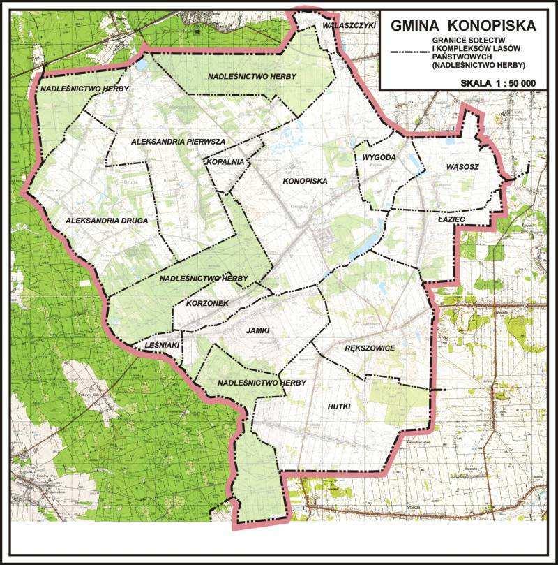 Mapa 2. Podział gminy na sołectwa Źródło: Strategia Rozwoju Gminy Konopiska na lata 2016-2020 Nazwa miejscowości Konopiska wywodzi się od konopii, którą uprawiali miejscowi mieszkańcy.