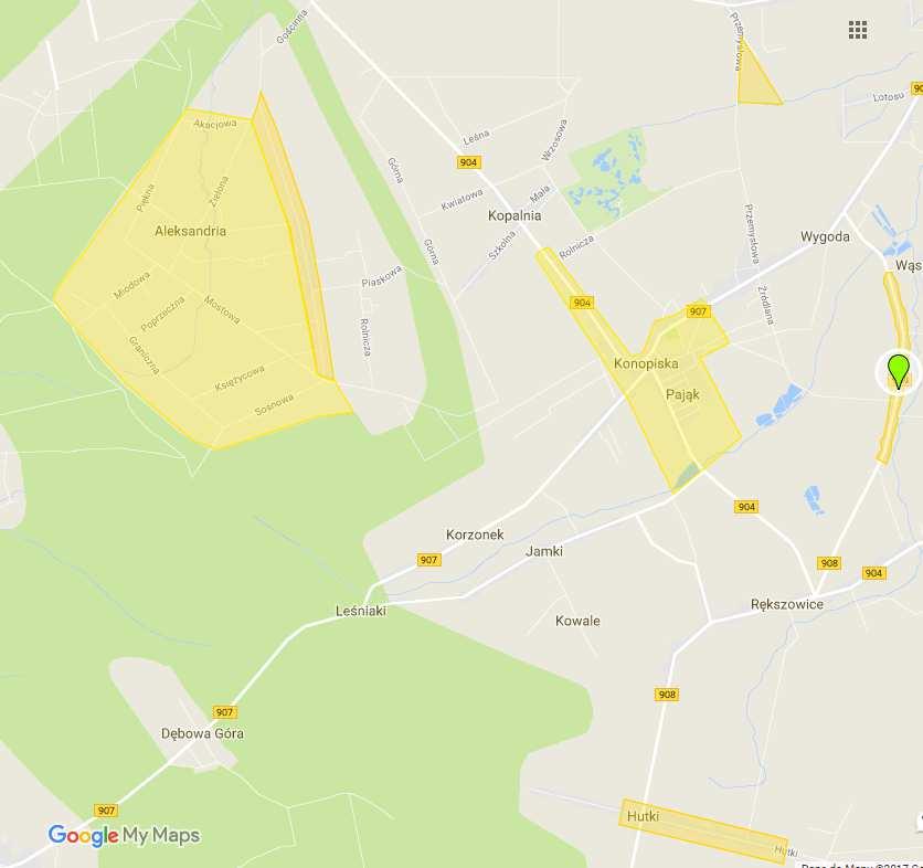 Mapa 4. Lokalizacja obszarów zdegradowanych na terenie Gminy Konopiska Źródło: Opracowanie własne w oparciu o Google Maps 7.