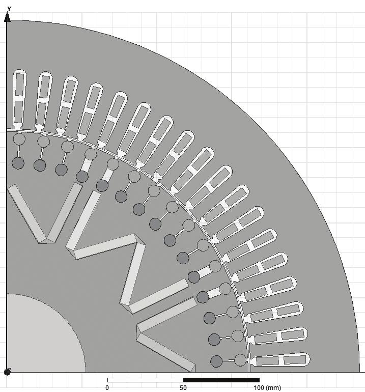 107 najbliżej odzwierciedlający rozpatrywane zjawiska. Geometrię modelu pokazuje rysunek 1. Rys. 1. Geometria części polowej rozpatrywanego modelu silnika LSPMSM: Fig. 1. Geometry of studied LSPMSM construction 3.