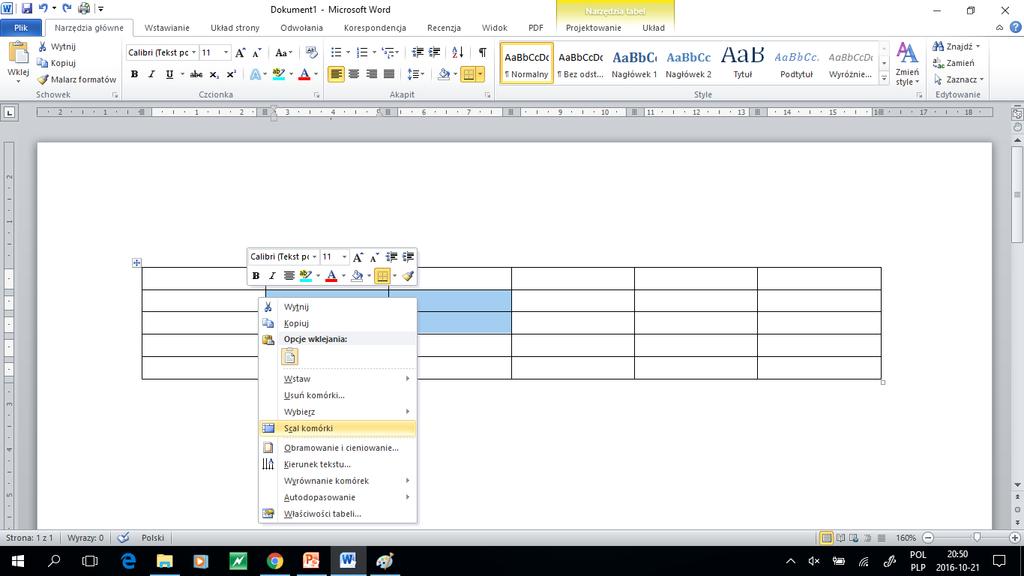 Scalanie i podział komórek. W edytorze tekstu MS Word 2010 PL można scalać (łączyć) ze sobą dowolną ilość komórek, pod warunkiem, że sąsiadują one ze sobą w poziomie lub pionie.