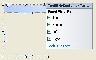 ToolStripContainer kontener na paski narzędzi Zwykle zajmuje całe okno (Dock = Fill) Składa się z czterech paneli ulokowanych przy krawędziach (na paski narzędzi i menu)