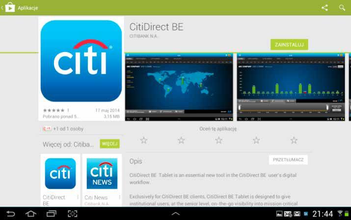 Instalacja na tabletach z systemem Android (GooglePlay/Sklep Play): Gdy wyświetli się właściwa aplikacja, dotknij ikony Zainstaluj, a następnie zezwól aplikacji na dostęp do połączenia