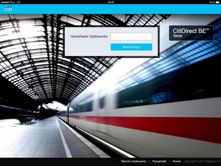 Logowanie Przy pierwszym otwarciu aplikacji, zobaczysz ekran z Warunkami Użytkowania usługi CitiDirect BE Tablet.