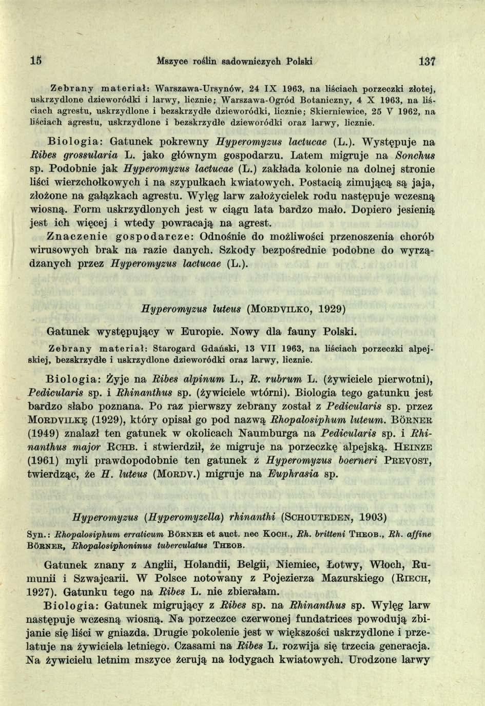 IS Mszyce roślin sadowniczych Polski 137 Zebrany m ateriał: W arszawa-ursynów, 24 IX 1963, na liściach porzeczki złotej, uskrzydlone dzieworódki i larw y, licznie; W arszawa-ogród Botaniczny, 4 X