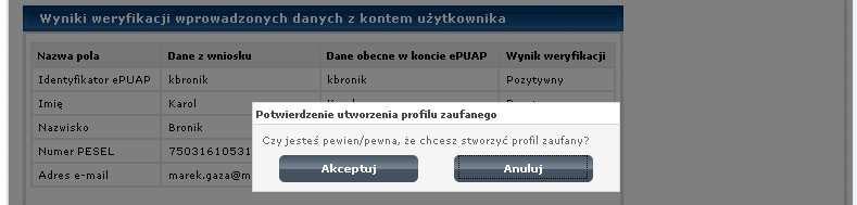Wybrać przycisk Utwórz profil zaufany. Ekran 1.13.