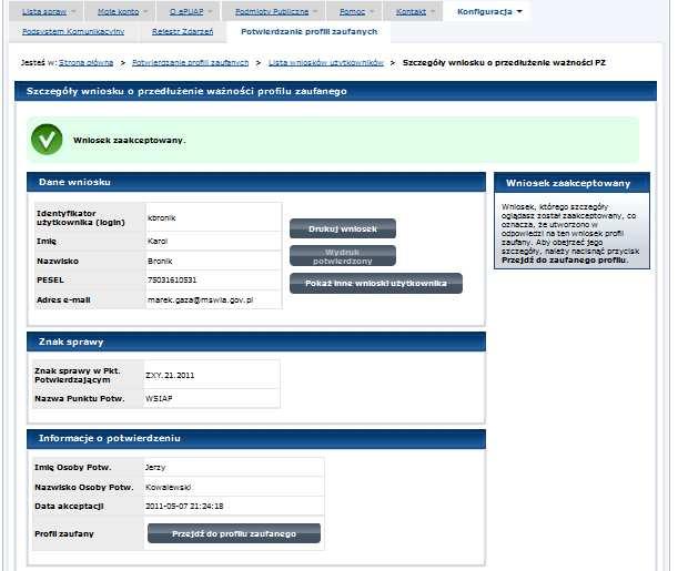 Ekran 2.14. Przedłużona ważność profilu zaufanego epuap 1 Należy: 1.