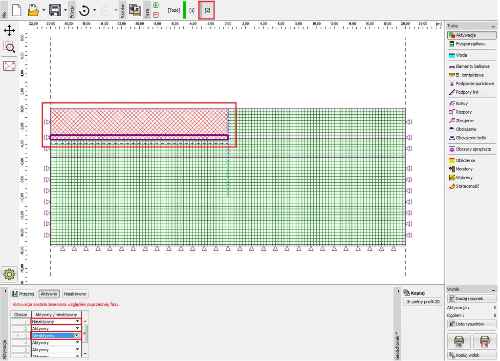 Przejdziemy następnie do ramki Aktywacja i zamodelujemy wykop odpowiadający pierwszemu etapowi głębienia tzn.