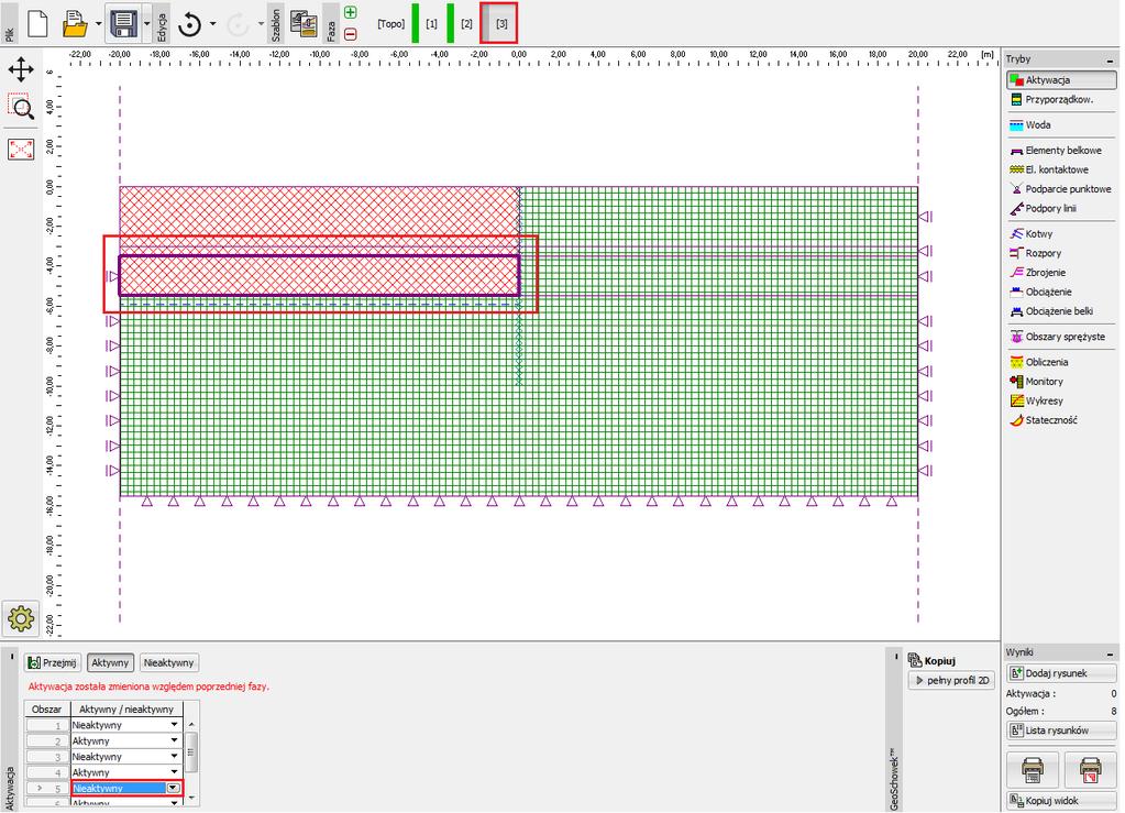 Faza nr 3: definiowanie kotew Dodamy fazę obliczeń nr 3, a następnie usuniemy pozostały grunt uzyskując docelową głębokość wykopu.