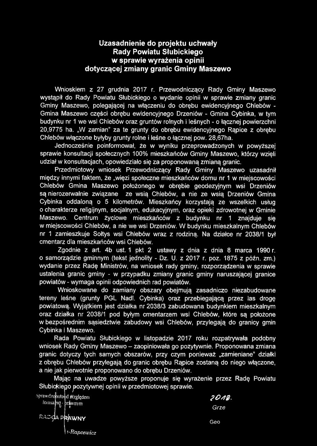 Uzasadnienie do projektu uchwały Rady Powiatu Słubickiego w sprawie wyrażenia opinii dotyczącej zmiany granic Gminy Maszewo Wnioskiem z 27 grudnia 2017 r.