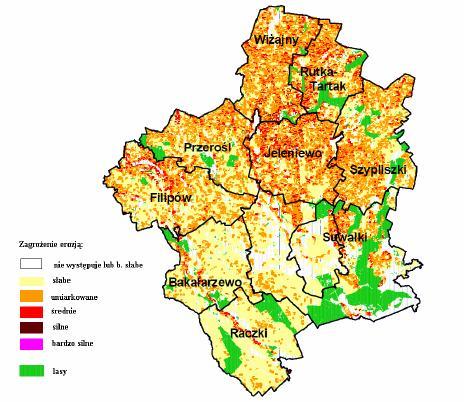 Rysunek 20. Obszary zagrożone erozją wodną w powiecie suwalskim Źródło: www.erozja.iung.pulawy.