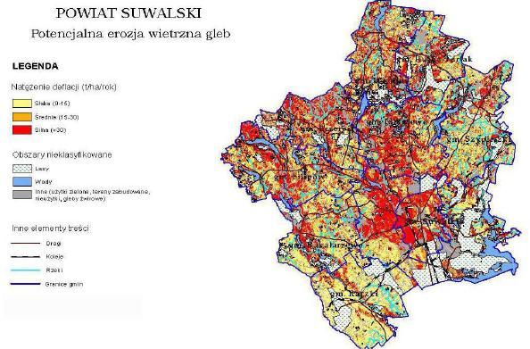 Rysunek 21. Obszary zagrożone erozją wietrzną w powiecie suwalskim Źródło: www.erozja.iung.pulawy.