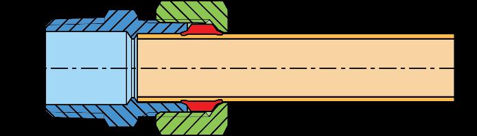 Szczelność połączenia uzyskana jest poprzez zaciśnięcie pierścienia na łączonej rurze oraz jednoczesne dociśnięcie rury z pierścieniem do gniazda za pomocą nakrętki.