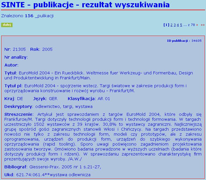 PRAKTYCZNE WYKORZYSTANIE INTERNETU W ODLEWNICTWIE Rys. 2 Rekord bazy SINTE.