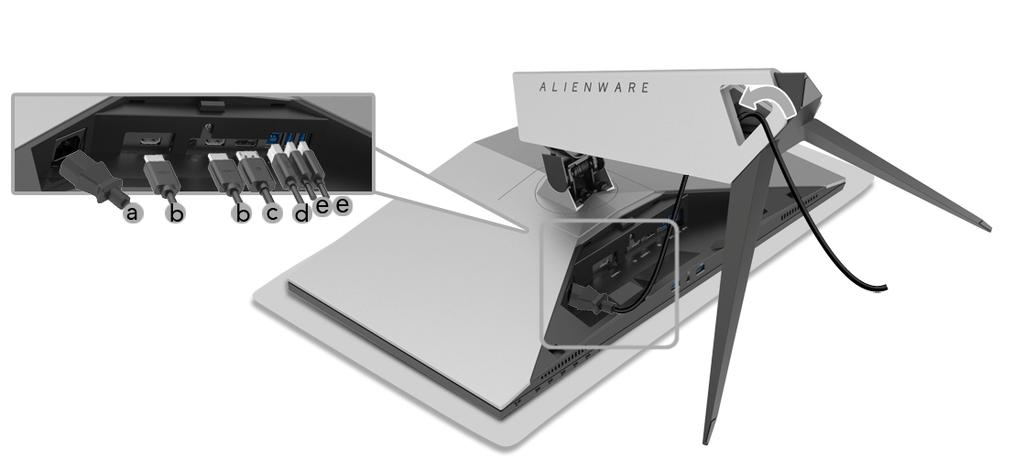 3. Poprowadź i podłącz potrzebne przewody do monitora, jak pokazano na ilustracji. a. Kabel zasilania b. Kabel HDMI c.