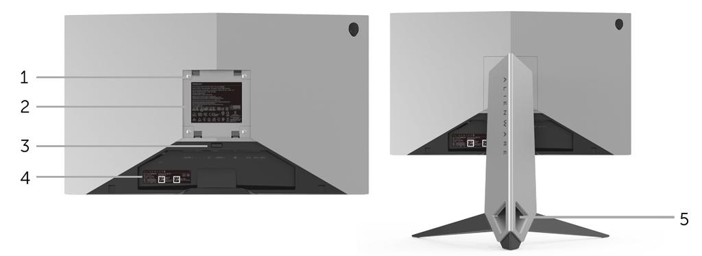 Widok z tyłu Widok z tyłu ze stojakiem monitora Etykieta Opis Użyj 1 Otwory montażowe VESA (100 mm x 100 mm - za podłączoną pokrywą podstawy) 2 Etykieta z oznaczeniami prawnymi Montaż ścienny