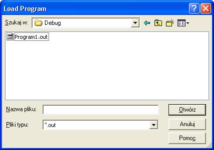 Wybór polecenia Load Program z menu File. Plik wykonywalny (*.out) zwykle znajduje się w podkatalogu Debug tworzonego projektu. Rys.13. Rysunek 13.