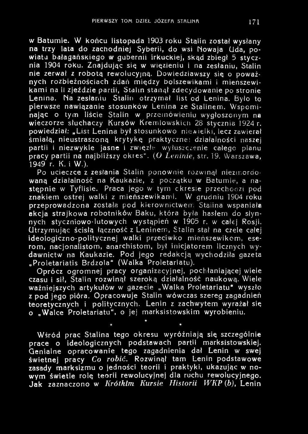 PIERW SZY TOM DZIEŁ JÓ ZEFA STALINA 171 w Batumie.