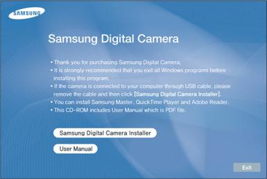 Przesyłanie plików do komputera 1 Włóż płytę instalacyjną CD do napędu CD-ROM. 2 Po wyświetleniu ekranu instalacyjnego kliknij pozycję Samsung Digital Camera Installer, aby rozpocząć instalację.