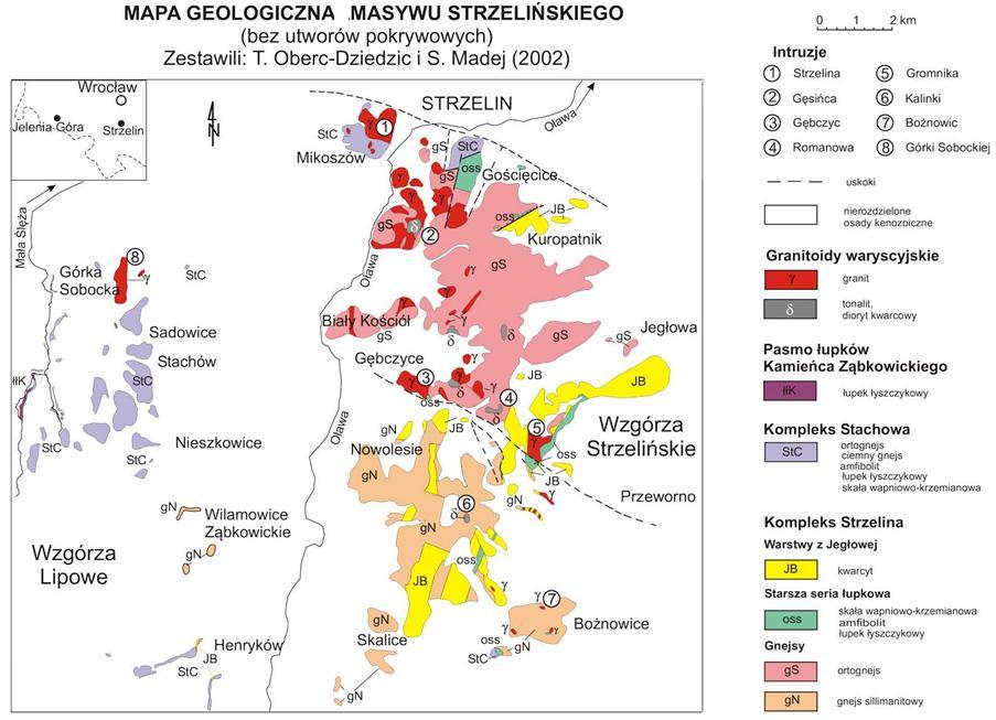 Ryc. 1. Gnejsy Gnejsy ze Strzelina występujące w północnej części masywu są skałami proterozoicznymi o wieku 600±7 i 568±7 Ma (milionów lat) (Oberc-Dziedzic i in.