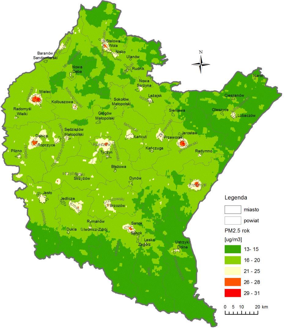Rysunek 11 Rozkład stężeń średniorocznych pyłu PM2.5 w województwie podkarpackim w 2016 r. - wyniki modelowania. Źródło: Roczna ocena jakości powietrza w Województwie Podkarpackim Raport za rok 2016.
