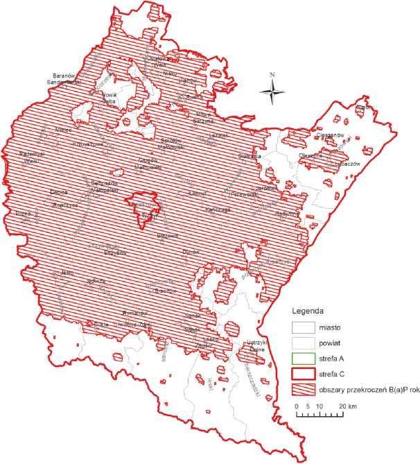 Rysunek 13 Obszary przekroczeń średniorocznego poziomu docelowego benzo(a)pirenu - wyniki oceny jakości powietrza w