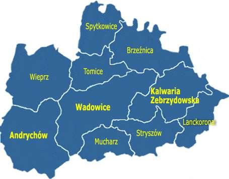 1.2. Ogólna charakterystyka Gminy Tomice Rysunek 1. Położenie gminy Tomice na tle powiatu wadowickiego. Gmina Tomice usytuowana jest w województwie małopolskim i wchodzi w skład powiatu wadowickiego.