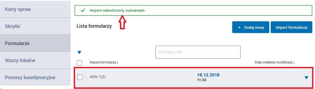 Po poprawnym imporcie powinien pojawić się komunikat Import