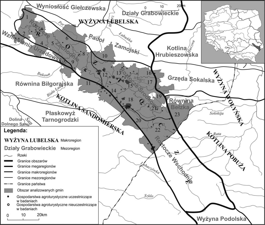 Rysunek 1. Położenie obszaru badań na tle podziału fizycznogeograficznego Polski 1 g. Zakrzówek, 2 g. Szastarka, 3 g. Batorz, 4 g. Godziszów, 5 g. Chrzanów, 6 g. Turobin, 7 g. Goraj, 8 g.