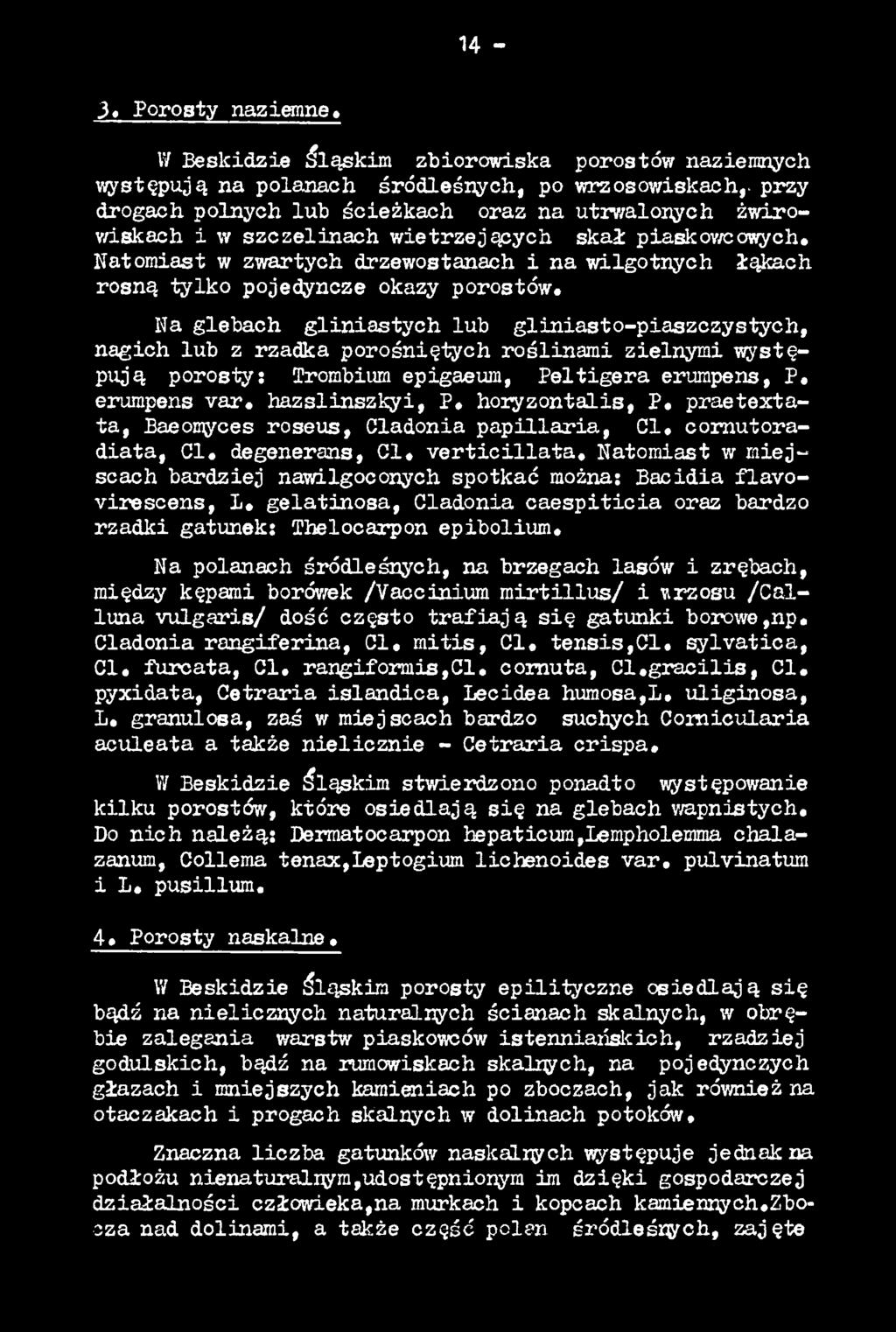 v e r tic illa ta, Natomiast w miejscach bardziej nawilgoconych spotkać można: Bacidia fla v o - virescens, I. gelatinosa, Cladonia ca e sp iticia oraz bardzo rzadki gatunek: Thelocarpon epibolium.