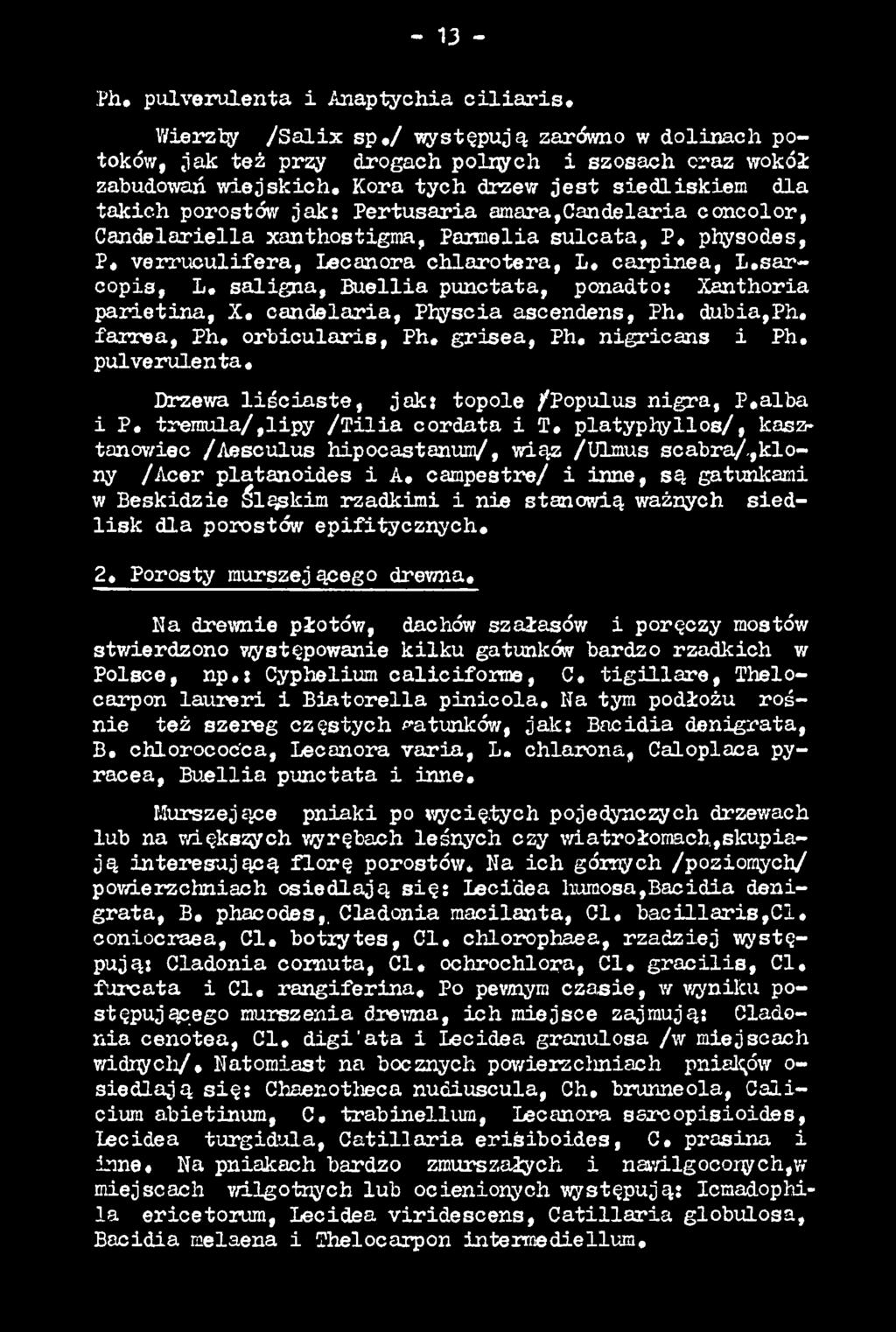 ,klony /Acer platanoides i A. campestre/ i inne, są gatunkami w Beskidzie Śląskim rzadkimi i nie stanowią ważnych siedlis k dla porostów epifitycznych. 2. Porosty murszejącego drewna.