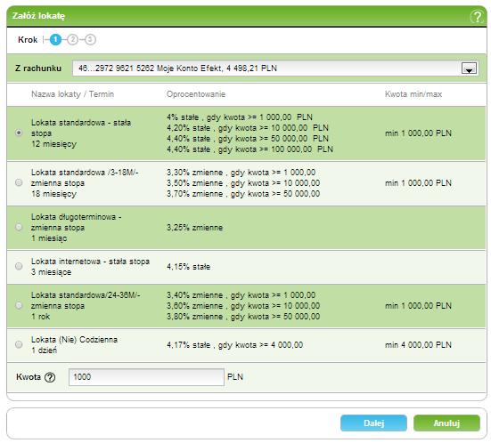 6. Lokaty 10/215215 Krok 1 - Wybór rodzaju lokaty (patrz: Wybór lokaty). Krok 2 - Wprowadzenie danych lokaty (patrz: Dane lokaty).