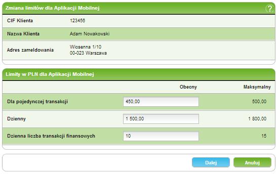 105/215215 11. Ustawienia przelew podatkowy poza Urząd Skarbowy, przelew internetowy, doładowanie telefonu, akceptacja żądania płatności Invoobill. 11.1.1 Modyfikuj limity dla Aplikacji Mobilnej Ekran Zmiana limitów dla Aplikacji Mobilnej umożliwia zmianę limitów dla transakcji realizowanych za pomocą Aplikacji Mobilnej.
