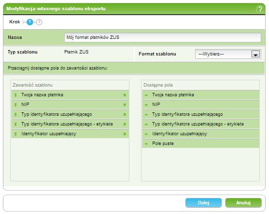 147/215215 11. Ustawienia W polu Zawartość szablonu zmień pola oraz ich kolejność jakie mają być w pliku eksportowym. Możliwe pola do wyboru dostępne są w polu Dostępne pola.