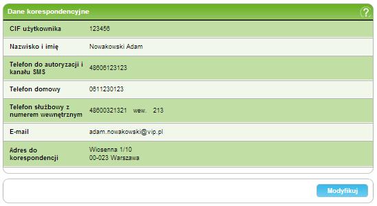 13. Mój profil 172/215215 13.1 Dane korespondencyjne Ekran Dane korespondencyjne prezentuje dane korespondencyjne zalogowanego do plusbank24 Użytkownika Klienta.