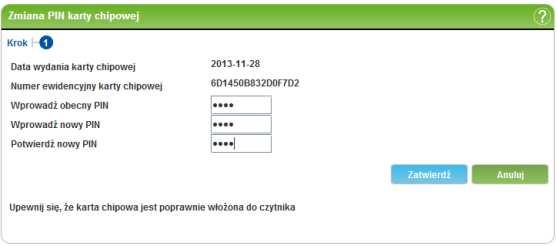 13. Mój profil 184/215215 Wprowadź nowy PIN: Wprowadź obecny PIN - wprowadź obecnie używany przez Ciebie PIN do karty chipowej z certyfikatem, którą wykorzystujesz w plusbank24, Wprowadź nowy PIN -