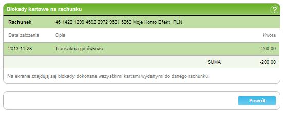 41/215215 8. Karty 8.1.5 Lista blokad na rachunku karty debetowej Ekran Lista blokad kartowych wyświetla informacje o blokadach kartowych wynikających ze zrealizowanych, ale nie zaksięgowanych