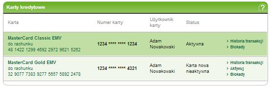 8. Karty 42/215215 Na liście kart kredytowych zobaczysz wszystkie karty kredytowe, których jesteś użytkownikiem oraz wszystkie karty kredytowe związane z Twoimi rachunkami, których jesteś