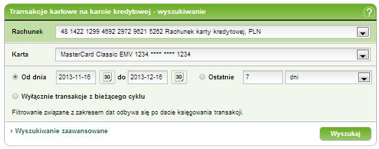 8. Karty 46/215215 8.2.4 Historia transakcji na karcie kredytowej Ekran Historia transakcji na karcie kredytowej umożliwia przeglądanie historii dokonanych transakcji wybraną kartą kredytową.