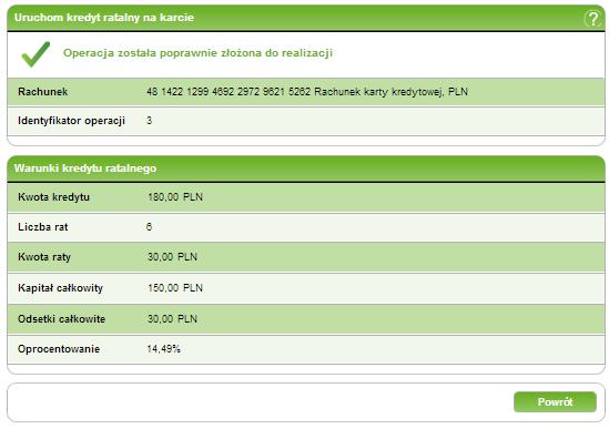 8. Karty 60/215215 8.2.7.3 Potwierdzenie Ekran prezentuje komunikat informujący o potwierdzeniu przyjęciu zlecenia operacji do realizacji w PLUS BAN