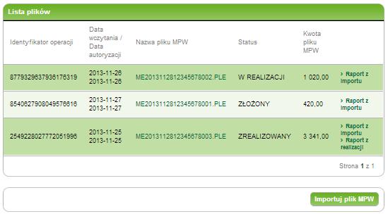 65/215215 9. MPW/SIPP (tylko dla firmy) Dla każdego pliku na liście prezentowane są: Identyfikator operacji - identyfikator operacji w plusbank24.