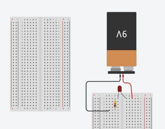Płytka stykowa: Podłączanie diody bezpośrednio do baterii jest mało wygodne Trzeba się naprawdę nagimnastykować, żeby palcami przytrzymać nogi diody i rezystora tak jak na Rysunku 5.