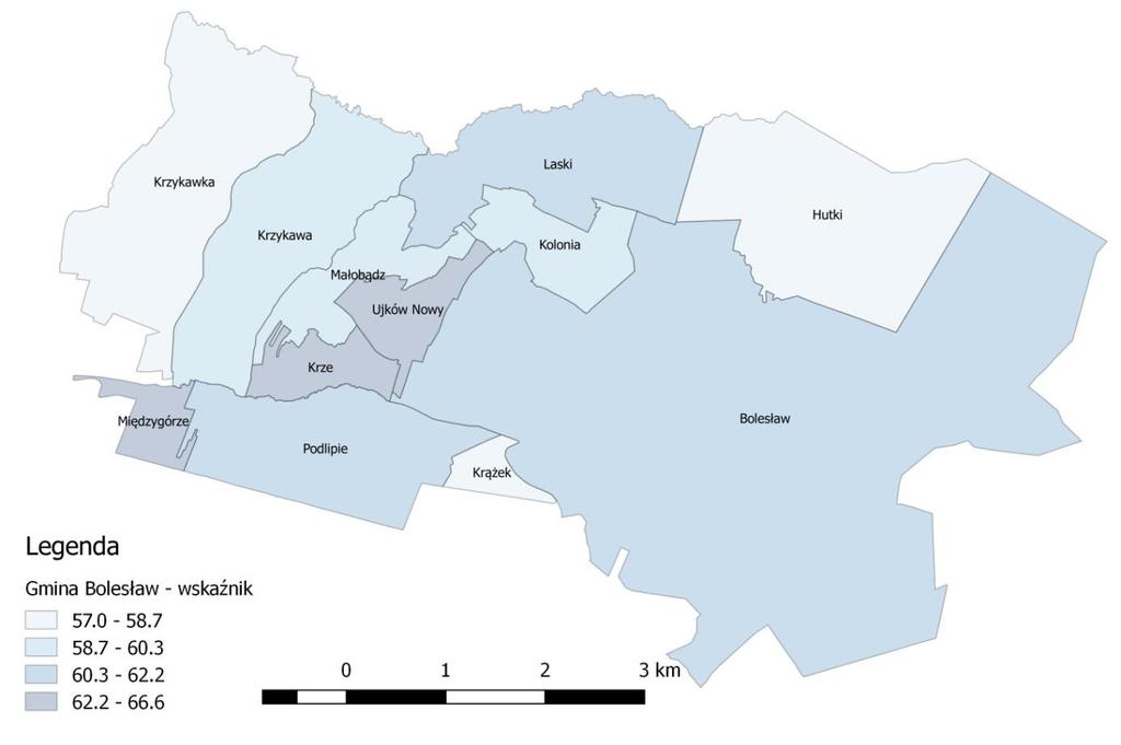 Mapa 2. Udział ludności w wieku produkcyjnym w ogólnej liczbie mieszkańców danej miejscowości w 2015 roku Źródło: opracowanie własne na podstawie danych UG 3. 1.