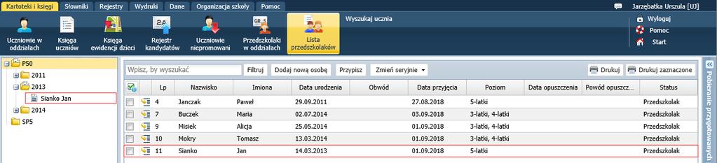 oddziału, - w widoku Lista przedszkolaków w gałęzi rocznika.